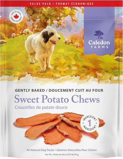 Displays the core product—sweet potato dog chews—prominently to show shoppers exactly what they are buying, emphasizing the natural, simple ingredient and gentle baking process. Shows the retail…