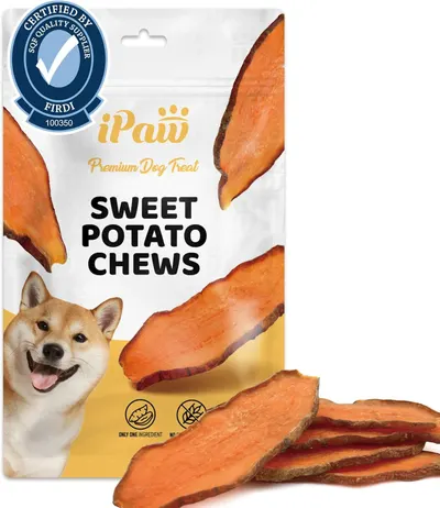 Shows the core product—sweet potato chews for dogs—both in packaging and displayed outside the package to communicate what the buyer receives and the natural, simple ingredient composition. Displays…