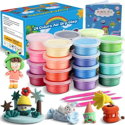 Displays the complete 24-color air dry clay set with all included containers, showing the variety of colors available to reassure shoppers of the product's value and creative possibilities. Shows…