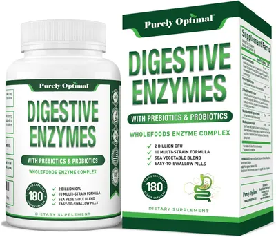 Displays the core sellable product - a bottle and box of digestive enzyme supplements - clearly showing the product name, key benefits, and quantity to help shoppers understand what they are…