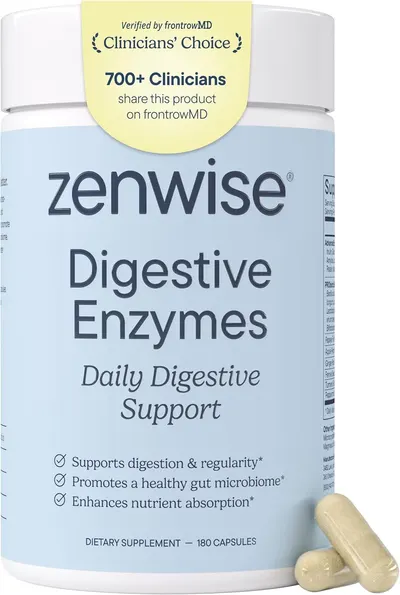 Displays the core product—a bottle of Zenwise Digestive Enzymes—clearly showing the brand, product name, and key benefits to help shoppers quickly identify what the supplement does and its clinician…
