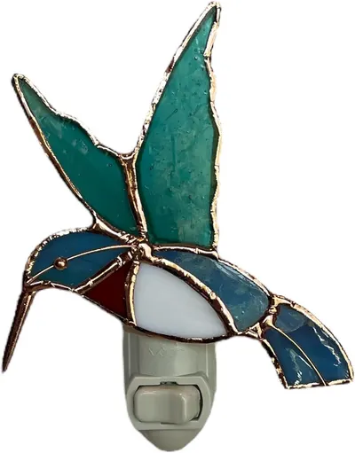 Shows the core product clearly - a decorative stained glass hummingbird night light with detailed craftsmanship and vibrant colors to help shoppers understand what they are purchasing. Uses a light…