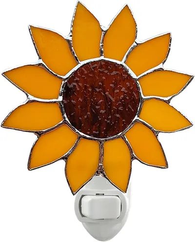 Shows the core product, a sunflower-shaped stained glass night light with detailed craftsmanship, allowing shoppers to see the design and quality of the decorative piece. Demonstrates that the…