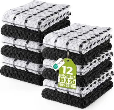 Displays the complete 12-piece kitchen towel set in two color variations to show the buyer exactly what they will receive, emphasizing the quantity and…