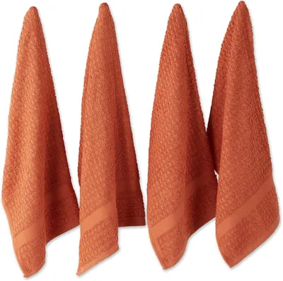 Displays the core product as a set of four identical kitchen towels in a clean catalog style, allowing shoppers to see the texture, color, and quantity…
