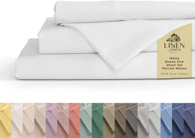 Displays the core product—a white queen size sheet set in percale weave—clearly showing the folded sheets and pillowcase to communicate quality and…