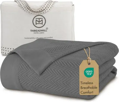 Displays the core product, a folded gray blanket with a distinctive textured weave pattern, to show shoppers the quality and design of the home linen item…