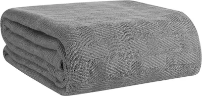 Displays the core product, a gray textured blanket, in a clean folded state to show its quality, texture, and appearance to shoppers.