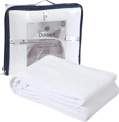 Displays the core product, a white combed cotton blanket, clearly showing its texture and quality to help shoppers understand what they are purchasing. Shows the retail packaging with a clear…