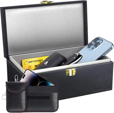 Shows the core product - a luxury storage box with signal-blocking Faraday pouches designed to securely store phones, keys, cards, and other valuables while blocking electronic signals. Demonstrates…