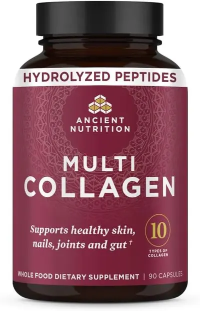Displays the core product clearly to show shoppers what they will receive, emphasizing the multi-collagen formula with 10 types of collagen for skin, nails, joints, and gut health. Shows the retail…