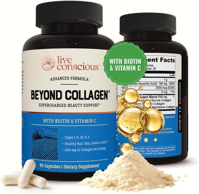 Displays the core product (collagen supplement bottles) clearly with capsules and powder to show the product form and contents, helping shoppers understand…