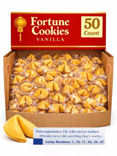 Shows the core product—a 50-count box of vanilla fortune cookies—clearly displayed with packaging and individual cookies to communicate quantity, format, and…