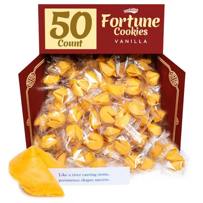 Shows the core product—a 50-count box of vanilla fortune cookies—clearly displayed with packaging and individual cookies visible to communicate quantity and…