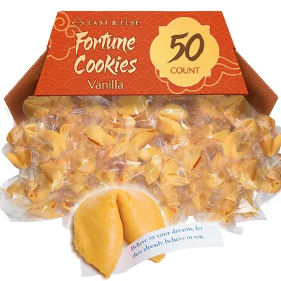 Shows the complete product offering—a 50-count box of vanilla fortune cookies with retail packaging—to communicate quantity, flavor, and what the buyer will…