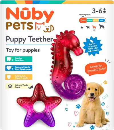 Displays the core sellable product - two colorful teething toys designed for puppies aged 3-6 months, showing their distinctive seahorse and starfish shapes with textured surfaces. Shows the retail…