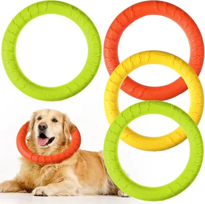 Shows the core product - dog toy rings in multiple bright colors with textured surfaces, clearly displaying what the buyer will receive. Features a Golden Retriever with the product to demonstrate…