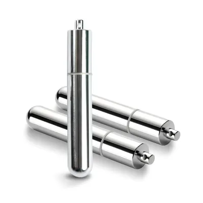 Displays the core product clearly on a white background to show the sleek stainless steel design and cylindrical form of what appears to be salt and pepper grinders or similar kitchen tools. Uses…