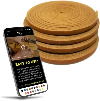 Shows the core product—stacked leather lacing strips—clearly displayed to communicate what the buyer will receive. Uses a smartphone graphic overlay with…