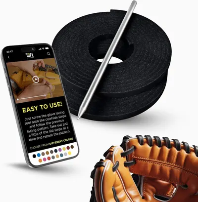 Shows the core product components including the black lacing strips, lacing tool, and demonstrates the product's application on a baseball glove to help…