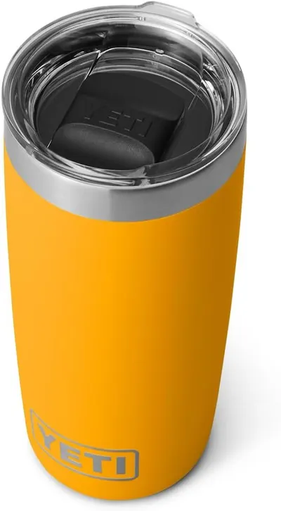 Shows the core product clearly on a white background to help shoppers understand what they are purchasing—a YETI branded insulated tumbler in bright yellow…