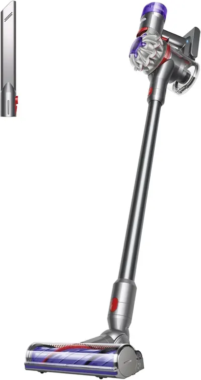 Displays the complete cordless vacuum cleaner with its full-length stick design and motorized floor head, allowing shoppers to see the product's form factor…