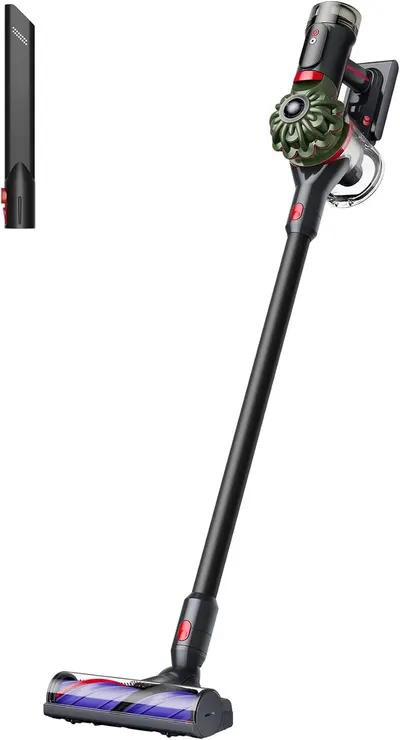 Displays the complete cordless vacuum cleaner in its full form to show shoppers the product's sleek design, components, and overall appearance. Shows the…