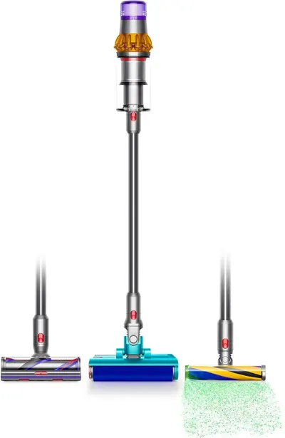 Displays the core product—a stick vacuum with its main body and motor unit—clearly visible on a white background for catalog presentation. Shows three…