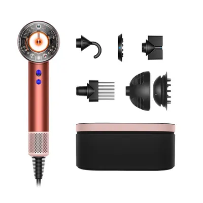 Displays the core hair dryer product along with all included styling attachments and storage case to show the complete set the buyer will receive. Shows all…