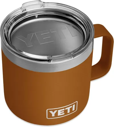 Displays the core product clearly to show shoppers the YETI insulated mug's design, including its handle for easy carrying and secure lid for spill prevention.