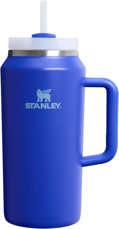 Displays the core product clearly on a white background, showing the Stanley-branded insulated tumbler with its key features including the straw lid and convenient handle for easy carrying.