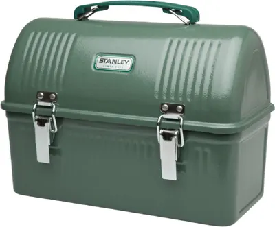 Displays the Stanley lunch box clearly on a white background to show its vintage-inspired design, metal latches, carrying handle, and overall construction to help shoppers evaluate the product.