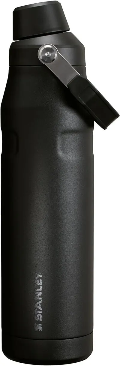 Displays the core product clearly on a clean white background to show the bottle's sleek design, matte black finish, and convenient folding handle feature.