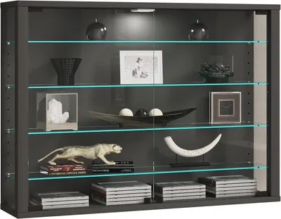 Shows the core product, a modern display cabinet with glass shelves and LED lighting, allowing shoppers to see the full design, size, and styling capabilities of the unit. Uses a dark gray/black…