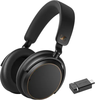 Shows the full wireless headset on a clean white catalog background so the shopper sees the core item clearly. Shows the included USB-C Bluetooth dongle beside the headset so the buyer knows it…