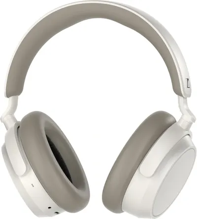 Shows the white ACCENTUM Plus headphones front-on so the shopper can see the color and ear cushion design.