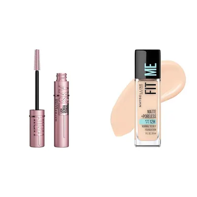 Shows the mascara wand and tube plus the foundation bottle so shoppers see both included items.