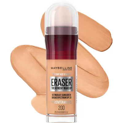 Shows the product bottle upfront so shoppers can see the SPF makeup format at a glance. Adds shade swatch smears behind the bottle to suggest the color range…