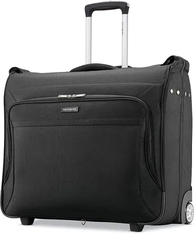 Shows the rolling garment bag and its extended handle so travelers can judge how it carries suits.