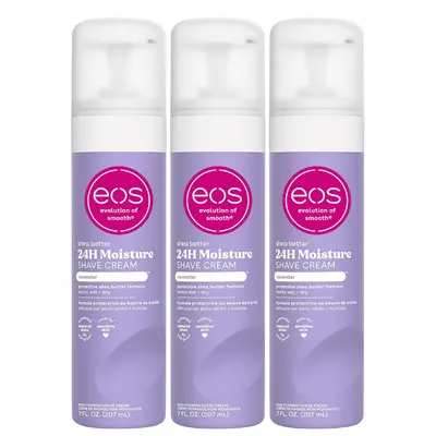 Shows three identical shave creams in one set so the shopper sees the full multi-pack contents and the moisturizing shea formula.
