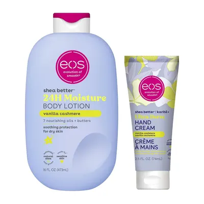 Shows the large body lotion as the main item so the shopper knows the core product in this bundle. Shows the included hand cream tube so the shopper sees the extra item they receive with the lotion.