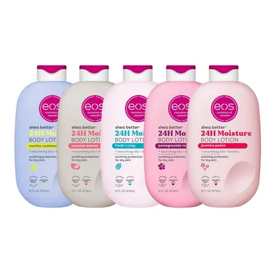 Shows all five body lotion scents together so the shopper sees the full bundle included in one purchase.