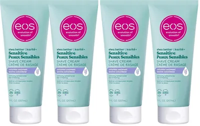 Shows all four 7 oz tubes so the shopper sees the multi-pack size and the sensitive-skin shave cream formula.