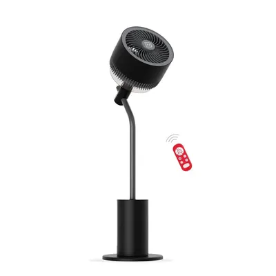 Shows the core black pedestal fan on a clean white background so shoppers can see its design and form. Shows the included red remote control so shoppers know…