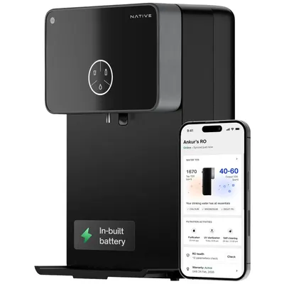 Shows the core black water purifier as the clear hero product so shoppers know exactly what they are buying. Uses a phone screen showing live TDS and…