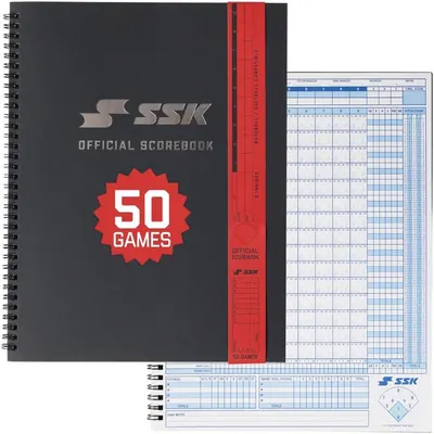 Shows the core SSK official scorebook with its black spiral-bound cover and 50 games label so shoppers know exactly what they are buying. Shows the included scoresheet pages and pitch count layout…