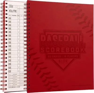 Shows the spiral-bound baseball scorebook as the core sellable item with its scoring pages visible for shoppers to see the layout. Grounds the scorebook on a clean backdrop so the red cover and…