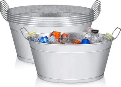 Shows the core galvanized metal beverage tubs clearly on a white background so shoppers can see the shape, handles, and that two tubs are included. Shows…