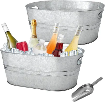 Shows the galvanized metal beverage tubs as the core sellable items, including the two-tub set, so shoppers see the product clearly on a clean view. Shows the included metal ice scoop as a bonus…