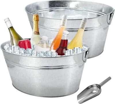 Shows the two galvanized metal tubs as the core sellable set on a neutral background so shoppers can see the size and finish. Shows the included metal ice…
